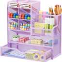 Marbrasse Mesh Pen Holder for Desk, Multi-Functional Pencil Organizer with Drawer, Desk Organizers and Accessories for Office Art Supplies (Purple)