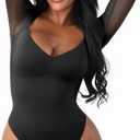 FeelinGirl Long Sleeve Bodysuit for Women Sexy Mesh V Neck Body Suits Thong Corset Top Going Out Outfits for Party (Large, Black)