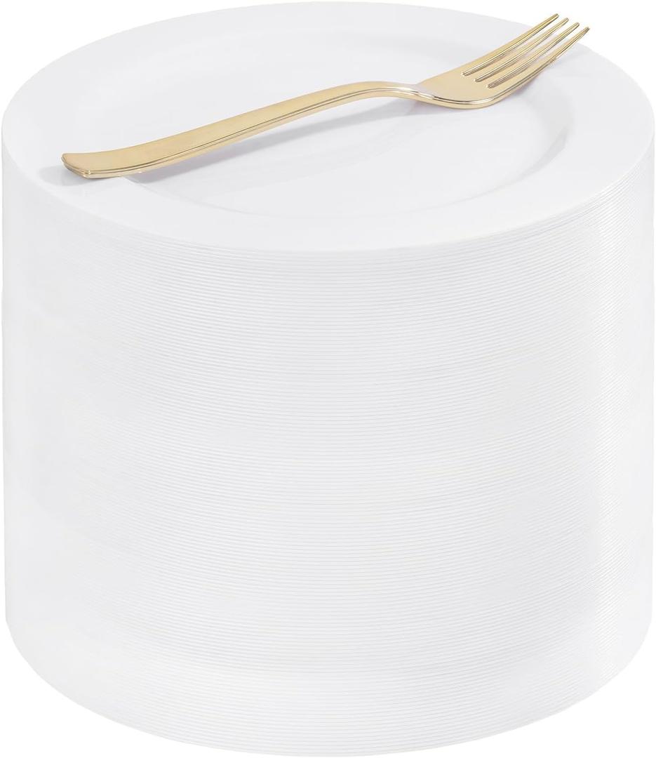 WELLIFE 100PCS White Plastic Dessert Plates and 100PCS Gold Disposable Forks, Premium Hard Dessert Plate 7.5, Appetizer Plastic Plates for Party and Wedding