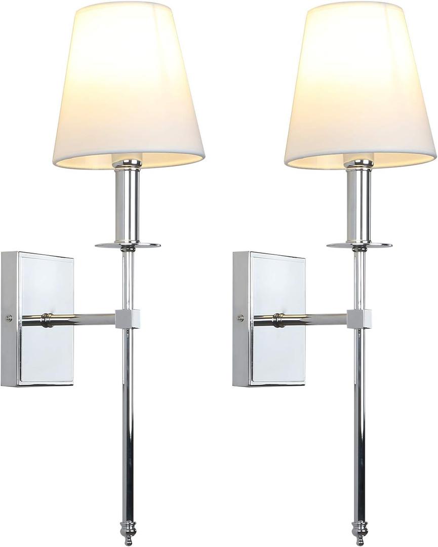 PERMO Set of 2 Classic Rustic Industrial Wall Sconce Lighting Fixture with Flared White Textile Lamp Shade and Chrome Tapered Column Stand, Hardwired, E26 Base