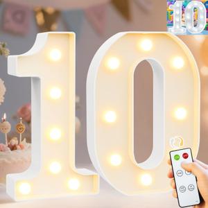 Pooqla 10th Birthday Decoration for Girls Boys, Decorative Marquee Numbers with Remote, Light Up 10 Sign for Party Backdrop 10th Wedding Anniversary Decor, Warm White and Cool White Number 10