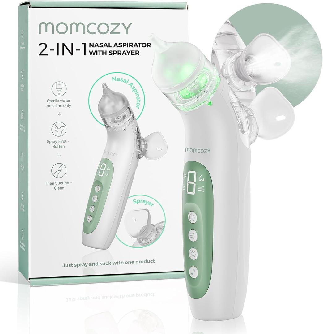 Momcozy BreezyClear 2-in-1 Electric Nasal Aspirator for Baby with Spray, 65kPa Hospital-Grade Suction, 4 Adjustable Levels, Quiet & Portable Nose Cleaner with Soothing Light & Music