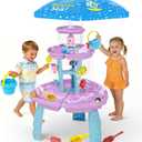 Handwell Water Table for Toddlers, 3-Tier Sand and Water Table with Umbrella & Water Toy Accessories, Rain Shower Splash Pond Water Toy, Kids Activity Sensory Playset, Summer Outdoor Toys for Girl Boy