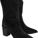 Coutgo Womens Cowboy Mid Calf Boots Chunky Block Heel Pointed Toe Suede Western Cowgirl Boots (6, Black)