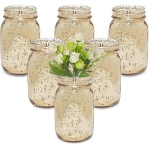 Fun Express Gold Mason Jars 12 Pack - Premium Glass Mason Jar Set for Wedding Centerpieces, Table Decorations & Party Events | Decorative Vintage-Style Vases for Flowers, Home Decor & DIY Projects