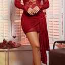 acelyn Womens Sexy Floral Lace Bodycon Mini Dress Long Sleeve Mock Neck Cocktail Party Birthday Club Dress (Red, L)