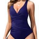 3 x HEEKPEK Womens Tummy Control Swimsuits One Piece Bathing Suit Front Cross Tie Back Slimming Ruched Push Up Padded Swimwear (Blue, L)