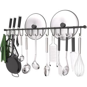 304 Stainless Steel Kitchen Utensil Hanger - 30 Inch Wall Mount with 15 Pcs Noiseless Sliding Hooks, Pots and Pans Hanging Rack, Organizer Storage for Spoon Peeler, Black