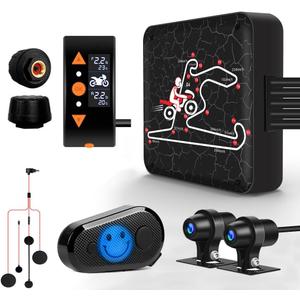 VSYSTO WiFi Motorcycle Dash Camera, OLED Display Wired Controller, Bluetooth Helmet Headset, Tire Pressure Sensors, Parking Guard, GPS 1080P SONYIMX307 150 Wide Angle Front and Rear Camera (Black-Q6)