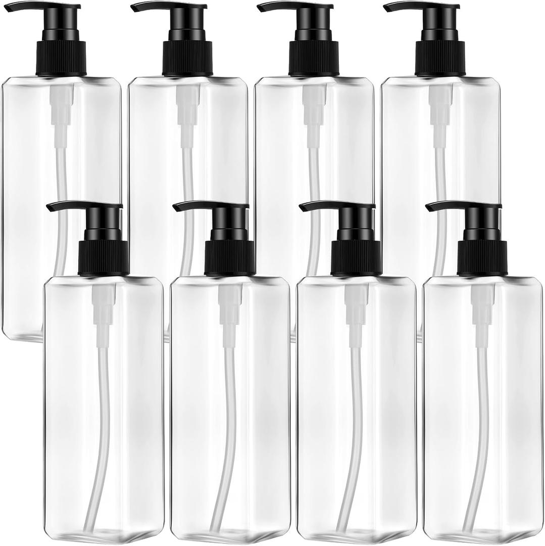 Didaey 8 Pcs Empty Shampoo Bottles with Pump 16 Oz Plastic Soap Dispenser Refillable Body Wash Bottles for Bathroom, Kitchen Sink, Hotel, Salon(Transparent, Black)