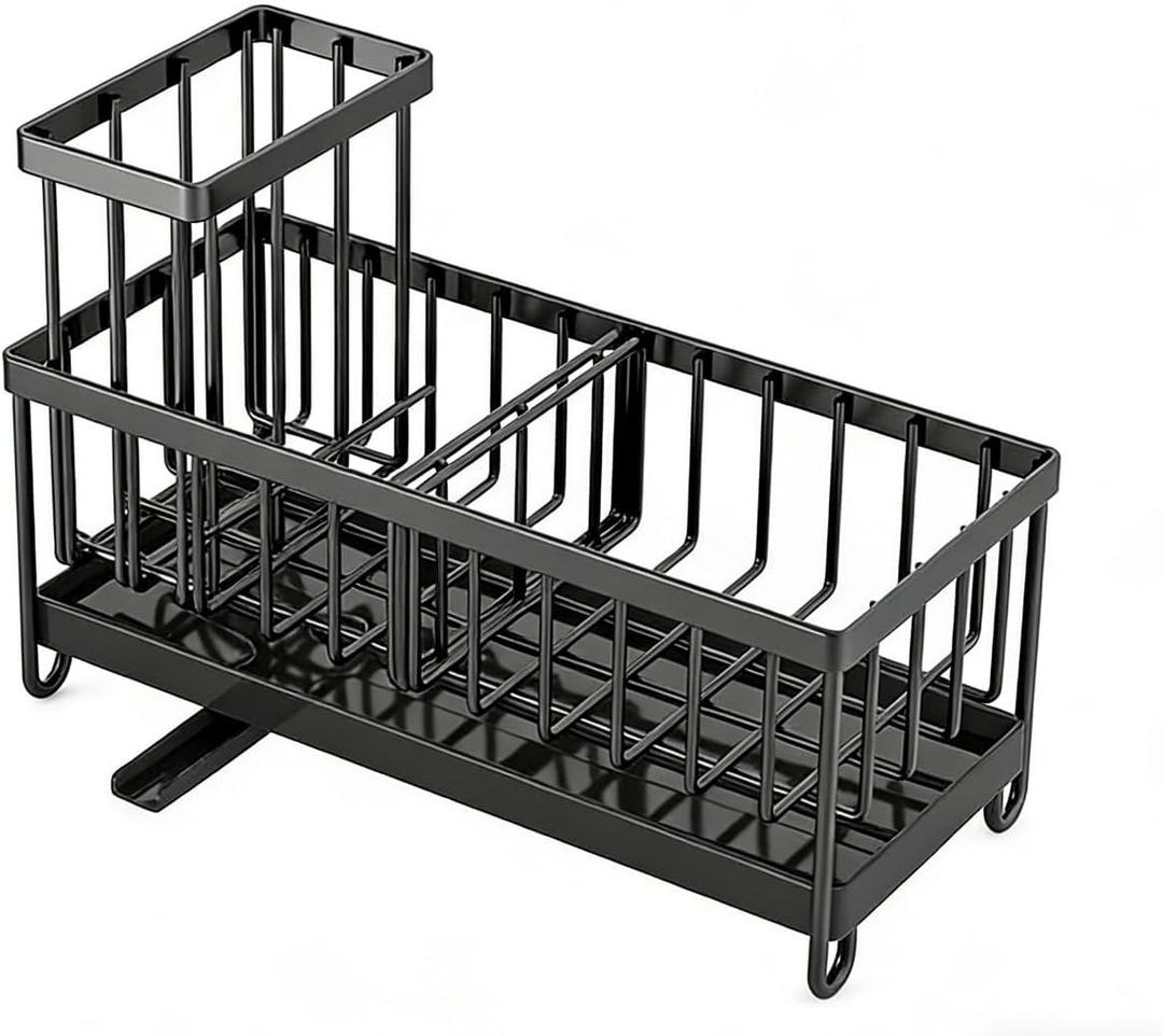 304 Stainless Steel Black Draining Holder for Kitchen Sink By Your Side, Sponge Holder for Sink with High Brush Holder, Kitchen Sink Storage Helper, Sink Caddy Organizer with Knife, Fork, Chopsticks