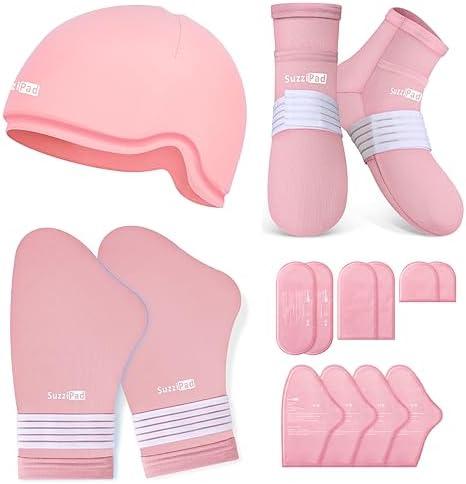 SuzziPad Cold Therapy Socks and Hand Ice Pack, Cooling Gloves for Chemotherapy Neuropathy, Strees Relief Caps, Chemo Care Package for Women and Men, Ideal for discomfort of Head, Hand and Feet, Size L, Pink