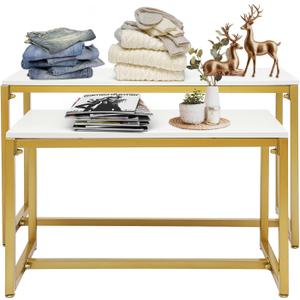 Metal Shoe Handbag Display Stand,2 Tier Retail Display Table,Gold Nesting Tables,Display Riser Shelf for Boutique, Iron and Wood, Gold