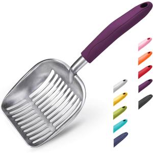 WePet Cat Litter Scoop, Aluminum Alloy Sifter, Kitty Metal Scooper, Deep Shovel, Long Handle, Poop Sifting, Kitten Pooper Lifter, Durable, Heavy Duty, for Litter Box (Large, FLAT Aluminum \ #07 Violet Handle)