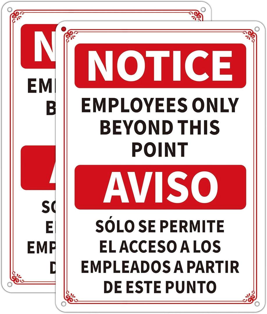 2 Pack Employees Only Beyond This Point Sign Bilingual, 10" x 7" Reflective Aluminum, Rustproof, UV Protected, Weatherproof, Staff Only Sign for Doors, Work Areas