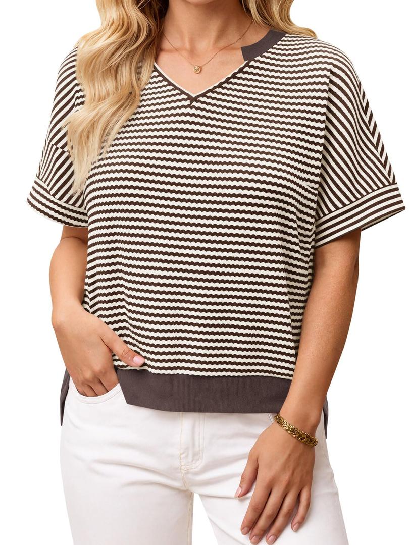 Fisoew Womens Short Sleeve Sweater Summer V Neck Striped Pullover Tops Casual High Low Loose Slit Cropped T Shirts Brown (M)