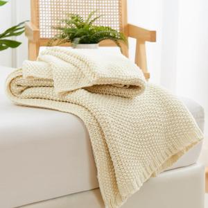 Aganear Knit Throw Blanket for All Seasons, Soft Comfy Lightweight Cable Knitted Throw for Living Room, Bed, Office, Travel, Boho Room Decor (50"x60", Beige) (Biege)