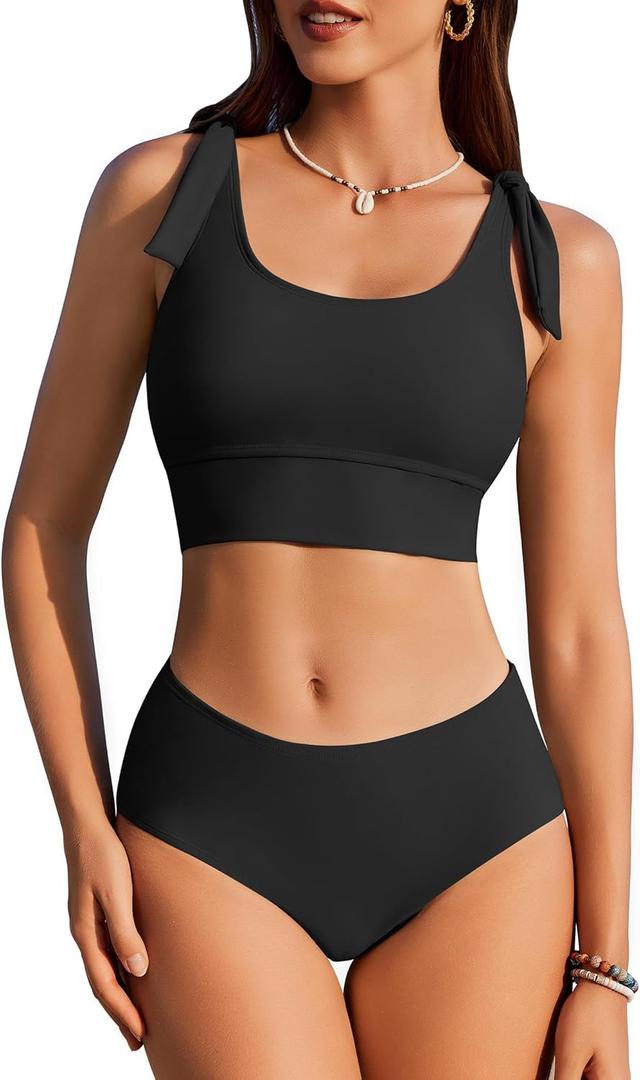AI'MAGE Womens High Waisted Bikini Sets Scoop Neck Two Piece Swimsuits Sporty Bathing Suits Swimwear 2025 (Large, Black)