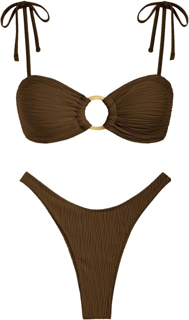 ZAFUL Women's Sexy Tie Spaghetti Strap Bikini Textured O Ring Ruched High Leg Swimsuit Cheeky Bathing Suits (Large, 1-deep Coffee)