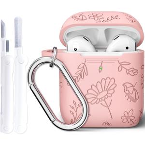 Case Cover for Airpods Case, Flower Engraved Protective Cases for Apple Airpod 2/1 Skin Covers with Keychain and Clean Kit for Women Girls, Pink Flower
