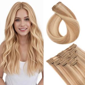 TESS Seamless Clip in Hair Extensions Human Hair Remy Clip ins Natural Soft Straight 8pcs 18Clips, 16 Inch, Flax Yellow Mixed Light Gold