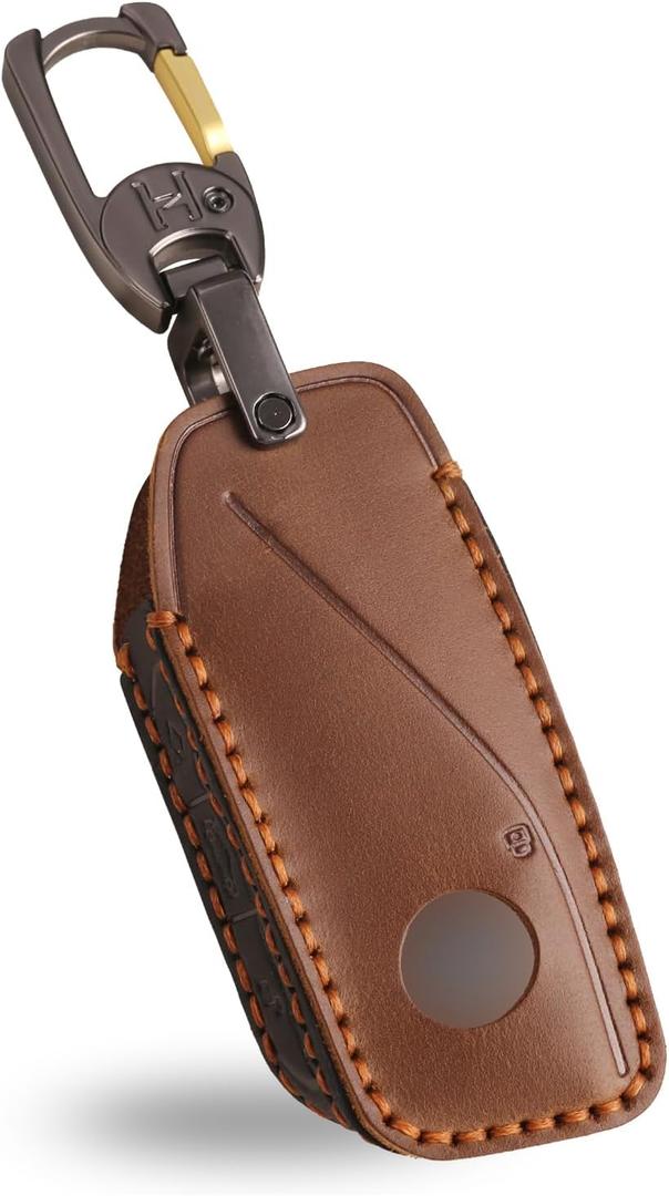 OLLEN Genuine Leather Key Fob Cover, Compatible with BMW 2023 2024 2025 New 5 Series 7 Series 740i 760i X1 X5 X6 X7 XM IX IX3 I5 I7 Premium Leather Smart Remote Key Protector, Brown