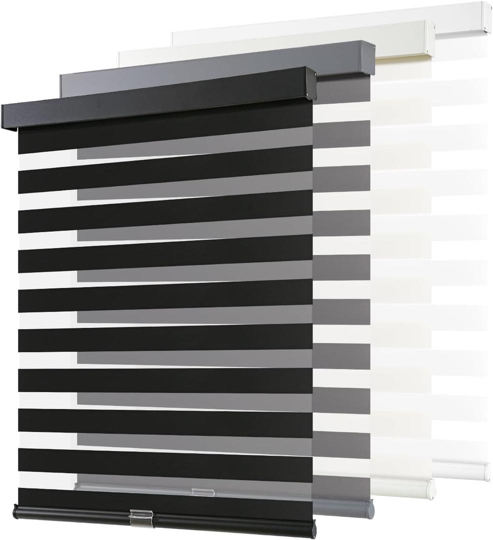 AOSKY Cordless Zebra Blinds for Windows Pull Down Roller Window Shades Dual Layer Light Filtering Privacy for Day and Night, Free-Stop Door Shades for Home Easy to Install (52" W X 72" H, Black)