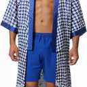 PRODESIGN Mens Houndstooth Kimono Robe - Long Satin Sleepwear Silky Nightgown Bathrobe Dressing Gown Cardigan Beach Cover Up (Small, Dark Blue)