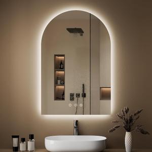 OUMUSU Arched Backlit Mirror Bathroom 24"x36"- Frameless LED Bathroom Mirror with Lights, Fogless, Dimmable, 3 Color Changing, Shatterproof, Touch Sensor