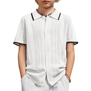 Arshiner Boys Button Down Shirt Short Sleeve Knit Shirt Summer Vintage Fashion Casual Beach Shirts for Kids 3-14 Years (9-10 Years, White)