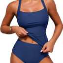 ZAFUL Tankini Swimsuits for Women Tummy Control Bathing Suits with Shorts Two Piece Tankinis Swim Suits for Women 2026 Dark Blue M