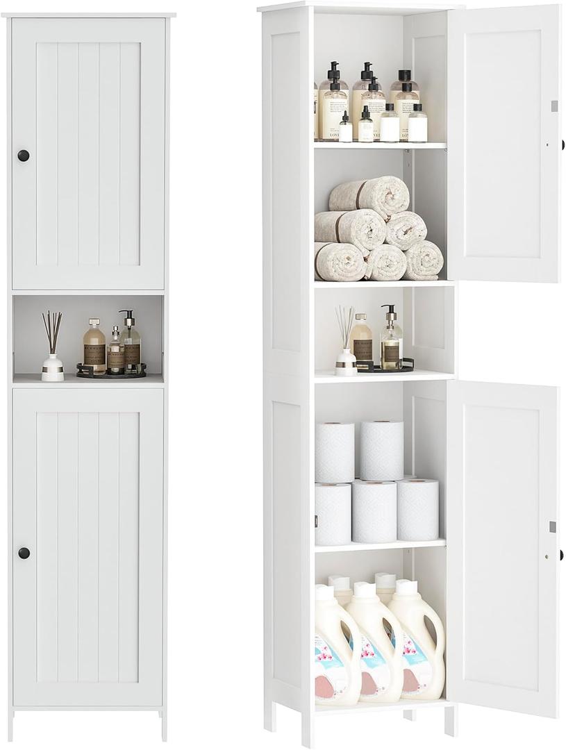 Homleke Tall Bathroom Storage Cabinet with 2 Doors, 67"H Narrow Storage Cabinet with Adjustable Shelves& Anti-Tip Design, Reversible Door Installation, Easy Assembly, 11.8 x 15.7 x 66.9 Inches, White, 11.8d X 15.7w X 66.9h
