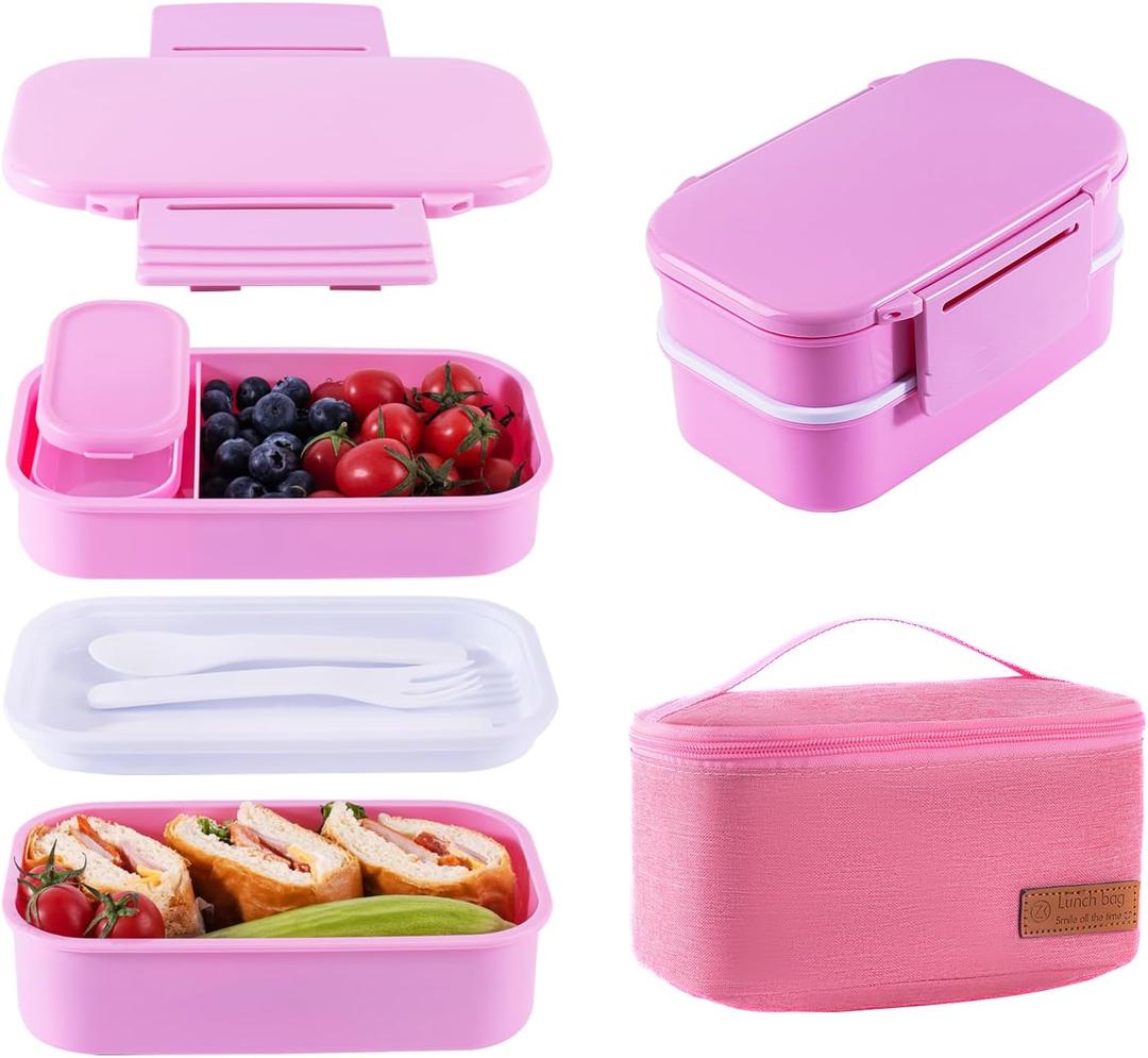 2 x Lunchneo bento box for adults, separate for men and women, set of utensils and dipping containers, cute Japanese bento box, microwave heatable(Pink)