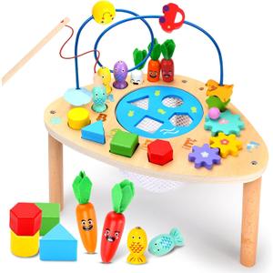 wingyz Activity Table for 1+ Year Old, 6 in 1 Wooden Montessori Activity Center Play Table with Bead Maze Shape Sorter Fishing Game, Kids Sensory Educational Toddler Learning Toys (Multicolor-triangle)