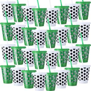 Sieral 30 Pcs Soccer Cups with Straws and Lids 16 oz Football Cups White Green Plastic Tumblers Reusable Iced Coffee Travel Mug for Sport Theme Party Supplies Decorations