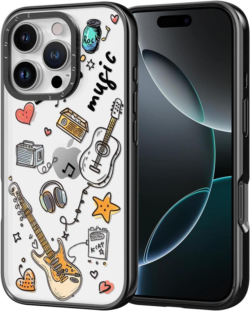 for iPhone Case - [6.6 ft Military-Grade Drop Protection] [Anti-Peel Technology] Clear Black TPU Bumper Case with Cute Design (Linear Music, iPhone 16 Pro)