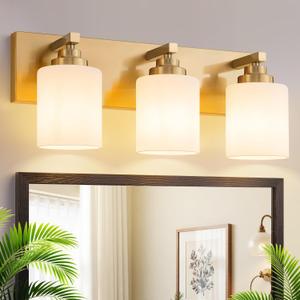 Vanity Lights for Bathroom, 3-Light Brushed Gold Bathroom Vanity Light Over Mirror with Milky White Glass Shades, Modern Bathroom Light Fixtures for Living Room Hallway Cabinet (Bulbs Not Included)