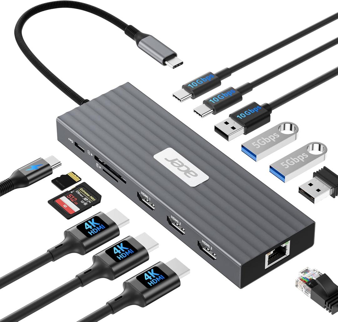 Acer Docking Station 3 Monitors with 3 HDMI, 13-in-1 USB C Hub for Laptop with 4K@60Hz HDMI, 1 Gbps Ethernet, 10Gbps Data, 100W PD, SD/TF, Laptop Dock for Acer/XPS/Spectre/Surface/Mac