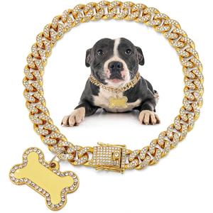 Hillban Golden Dog Chain Diamond Collar Necklace with Pet ID Jewelry Tags Rhinestones Stainless Steel Metal Link Collar Walking Chain for Christmas Puppy Boys Girls Gift Small Dogs (8 Inch)