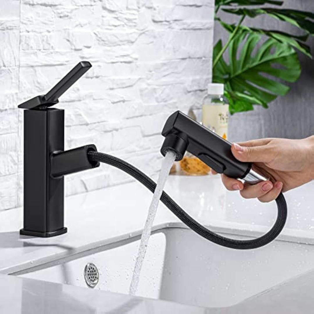 HANLIAN Single Hole Pull Out Faucet for Bathroom Sink, Black Sink Faucet Bathroom, One Handle Modern Restroom Tap with Pull Down Sprayer, 3 Modes Washroom Pull Out Tap with Rotating Spout (Regular without Temperature Display)