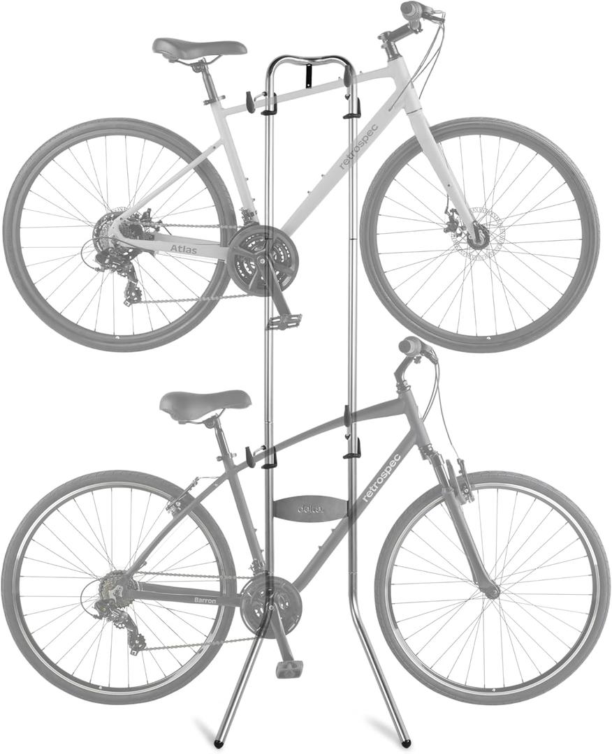 Retrospec Double Decker Vertical Garage Bike Rack - Free Standing Floor Storage Stand for 2 Bikes, 80lb Capacity, No Drilling Required - Adjustable Arms & Rubber Bumpers (Silver)
