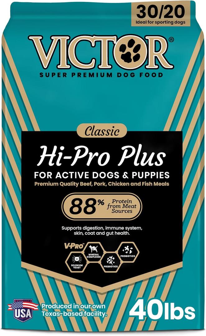 VICTOR Super Premium Dog Food Hi-Pro Plus Dry Kibble High Protein Dog Food with 30% Protein Beef, Chicken, Pork, Fish Meals, Gluten Free - for High Energy and Active Dogs & Puppies, 40lbs, BB Date Not Found
