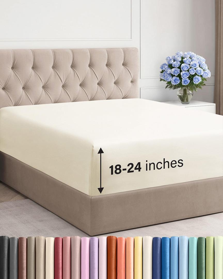 Extra Deep Queen Fitted Sheet - Hotel Luxury Single Fitted Sheet Only - Easily Fits 18 inch to 24 inch Mattress - Ultra Soft, Wrinkle & Fade Free w/Extra Deep Pockets - Breathable & Comfy - Off White