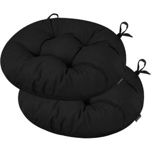 idee-home Outdoor Bistro Chair Cushions, 15x15x 4 Thick Outdoor Round Seat Cushions Set of 2 Tufted with Ties, Waterproof Round Patio Furniture Pads for Garden, Black