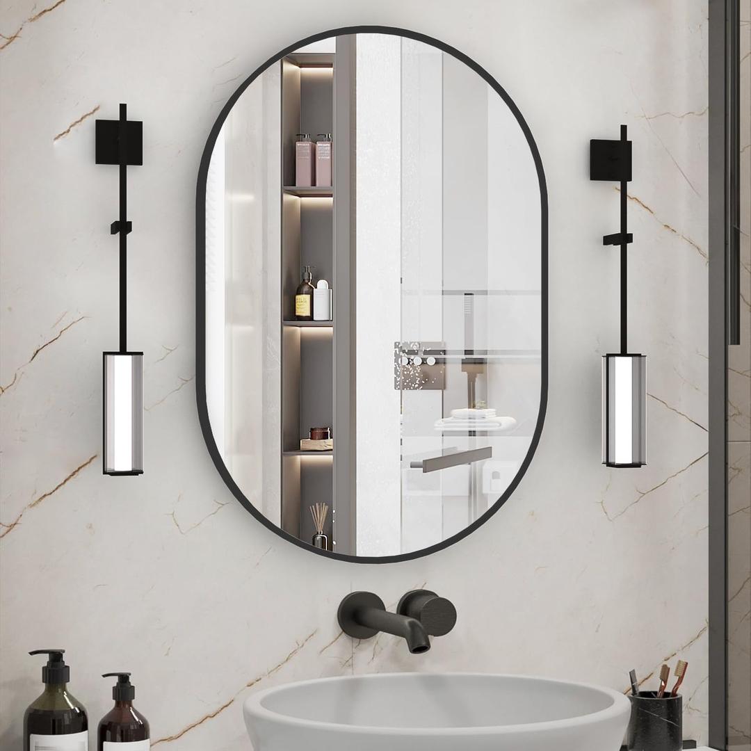 Oval Bathroom Mirror Wall Vanity Oval Mirrors, 20"x30" Black Bathroom Mirrors for Over Sink Pill Mirrors Capsule Wall Mounted Mirror, Modern Mirror with Metal Frame for Wall Decor