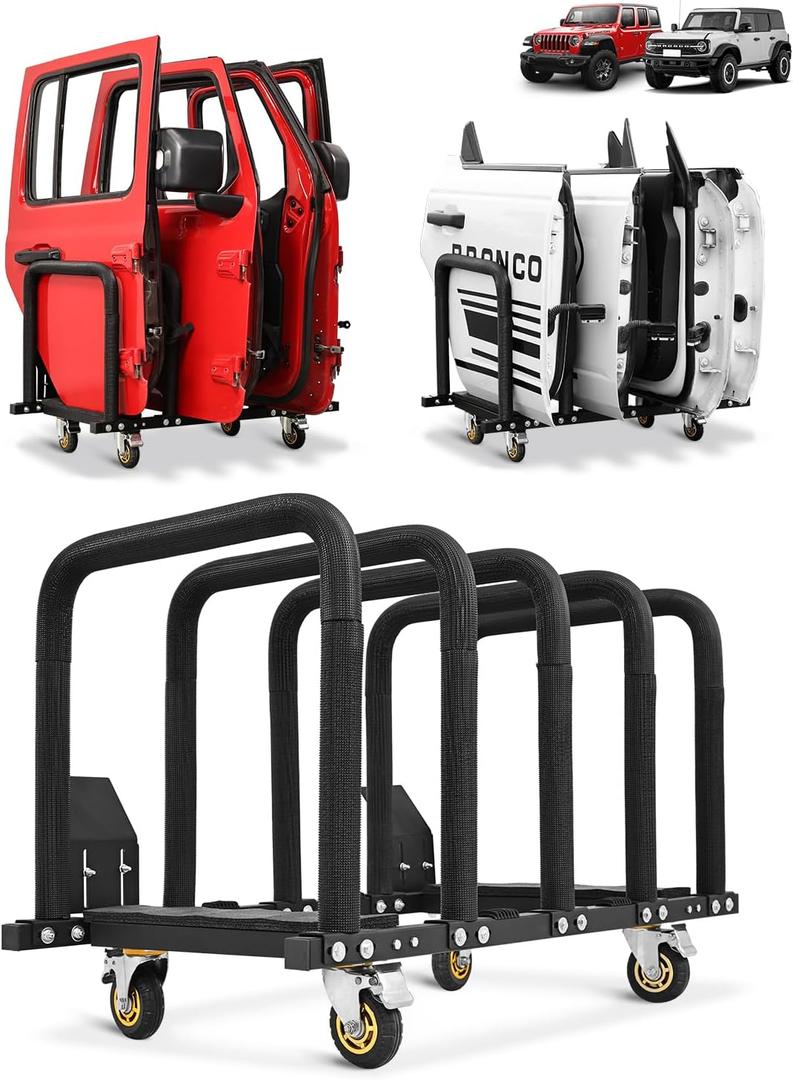 JROAD Upgrade Door Hanger Storage Rack Bracket Holder for 2007-2026 Jeep Wrangler JK JL Gladiator JT and 2021-2026 Ford Bronco Heavy-Duty 4-Door Vertical Organizer with Locking Wheels