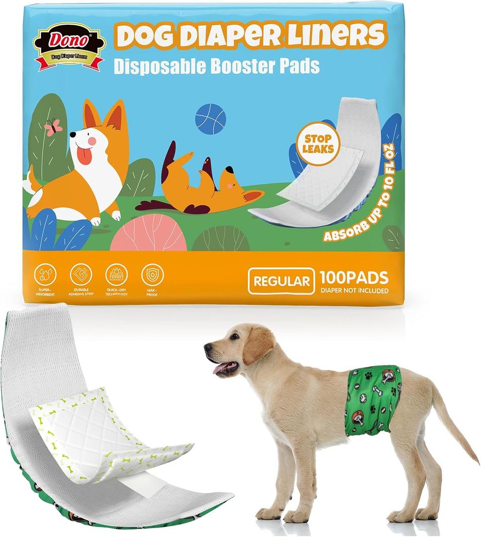 Dono Dog Diaper Liners for Male and Female Dogs, Super Absorbent Dog Booster Pads, 100ct Disposable Doggie Diaper Inserts Fit Reusable Male Belly Bands, Wraps, Washable Period Panties, Regular