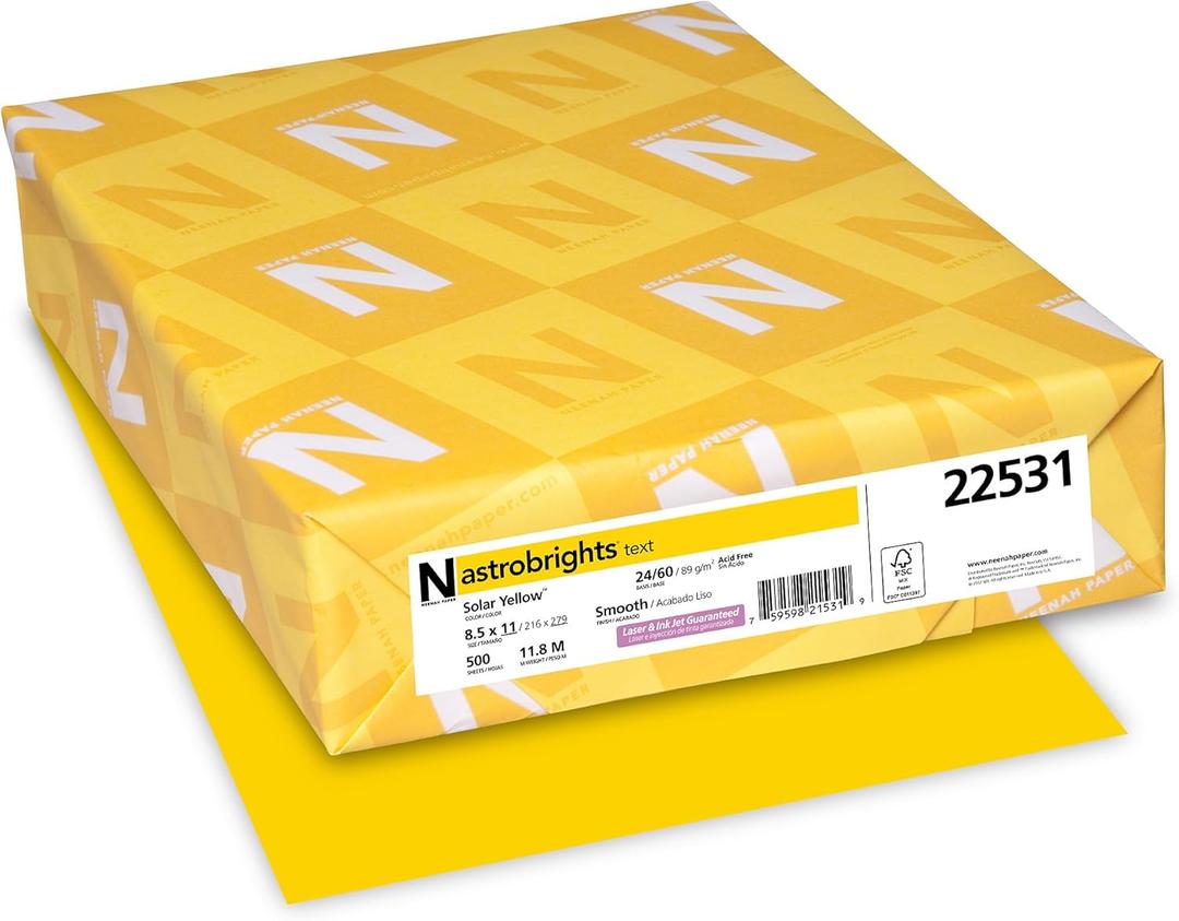 Neenah Wausau Paper 22531 Astrobrights Color Paper, 8.5 x 11, 24 lb / 89 GSM, Solar Yellow, 500 Sheets