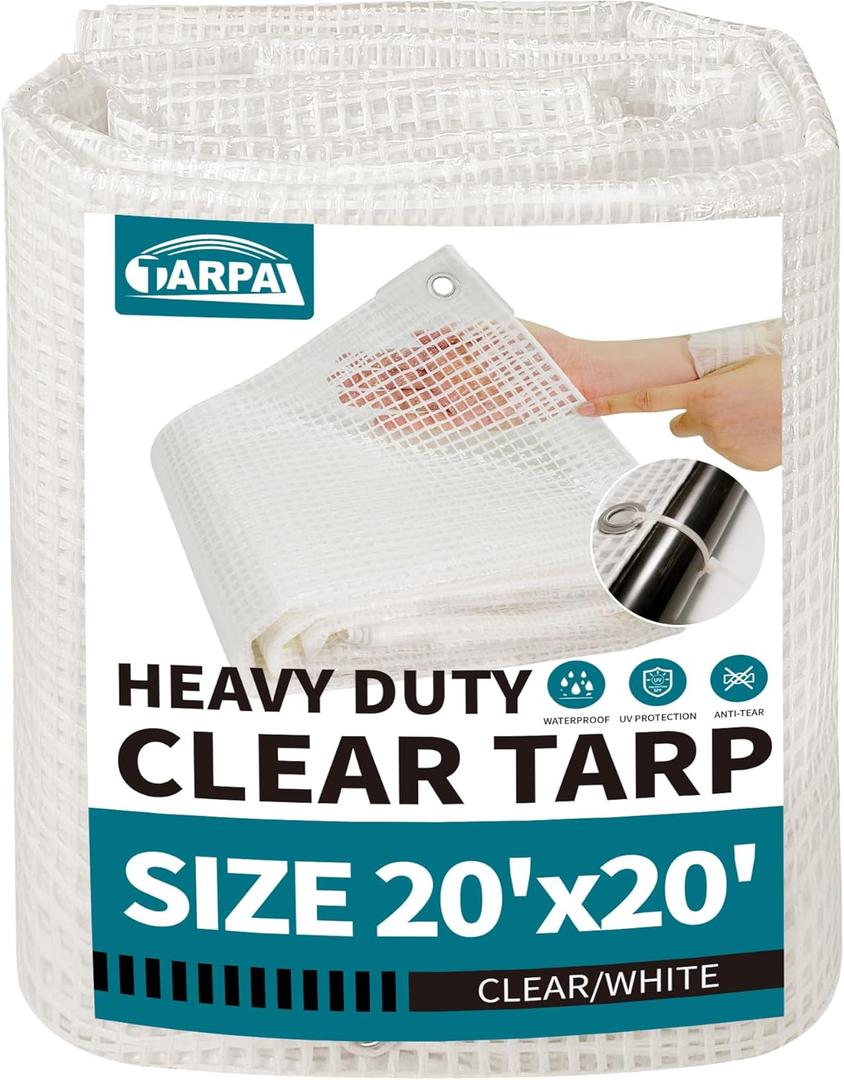 TARPAL 20'x20' Clear White Tarp Heavy Duty Waterproof 12mil with Grommets or Zip Ties for Large Greenhouses for Outdoors Garden,Farm,Chicken Coops (20x20ft-Finished size)