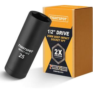 TIGHTSPOT 1/2 Inch Drive 25 mm Deep Impact Socket with Anti-Rounding 6 Point Design, Heat-Treated CRV Steel